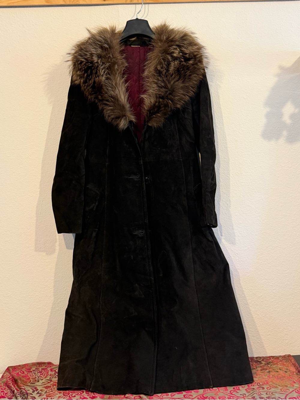 Long Black Suede Coat with Fur Collar -From the movie - Studio 54